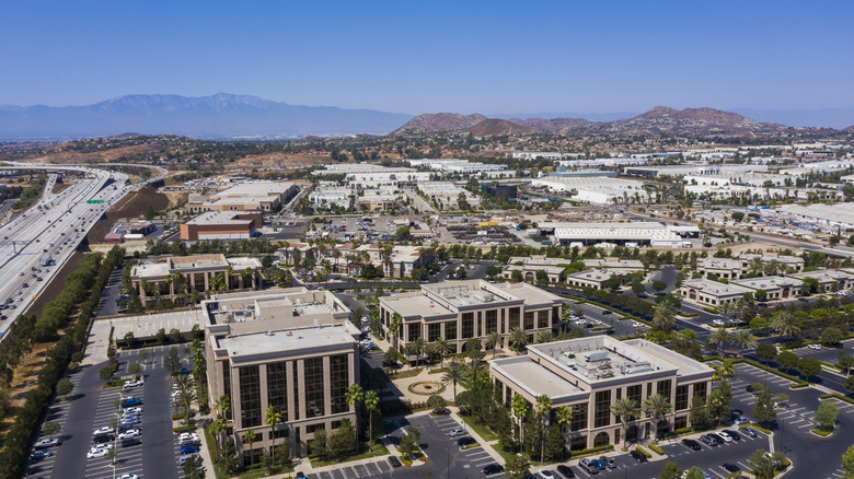 This is an overhead shot of Corona, California downtown area.