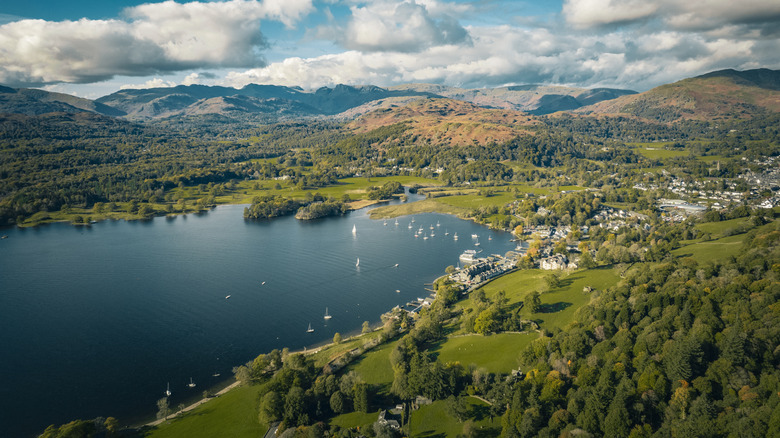 An aerial view of sailing boats on Lake Windermere in the Lake District National Park