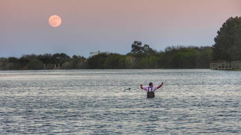 A man fishing in the middle of the water at Lake Findley Park at dusk