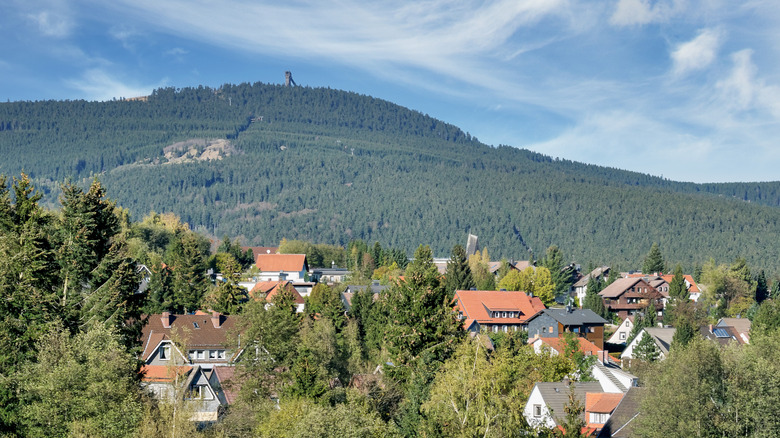Braunlage, Germany set among hills covered in green trees with Wurmberg Mountain in the background