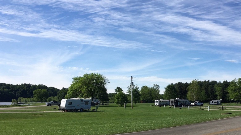 Trailers and RVs parked at the Rocky Fork State Park campground, Ohio