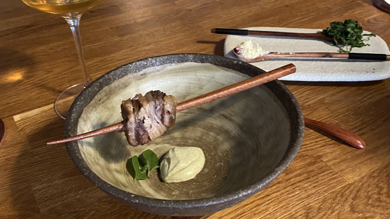 Skewered pork belly part of tasting menu from Wild Shropshire