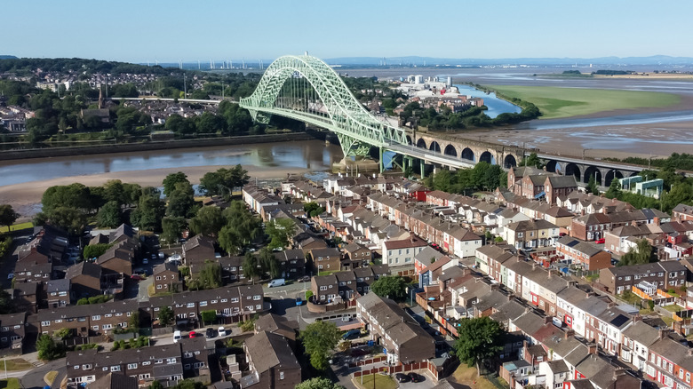 Aerial photo of Runcorn, England showing town center and bridge