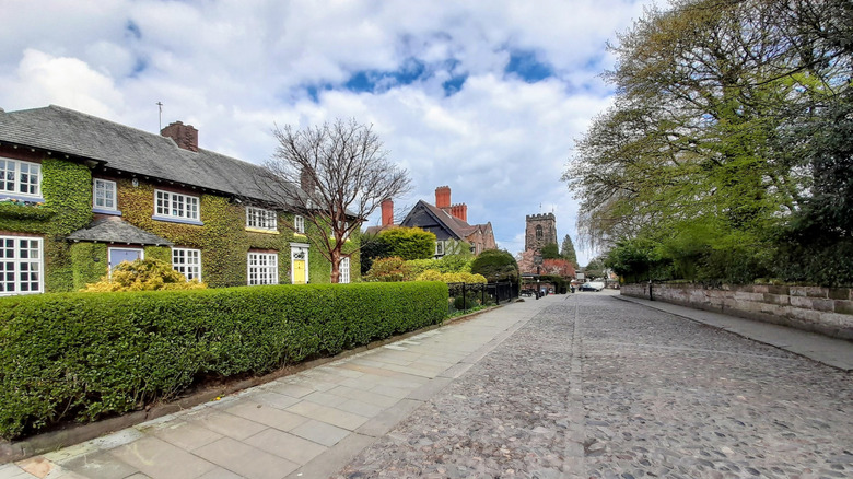 Cobblestone street Church Lane in Grappenhall in the U.K.