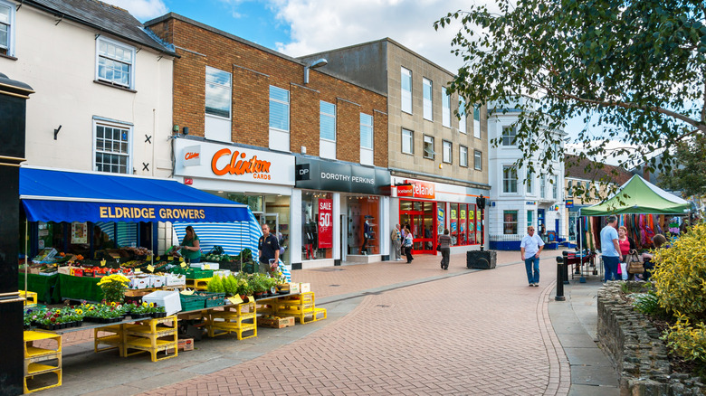 View of shops along Sheep street in Bicester, England