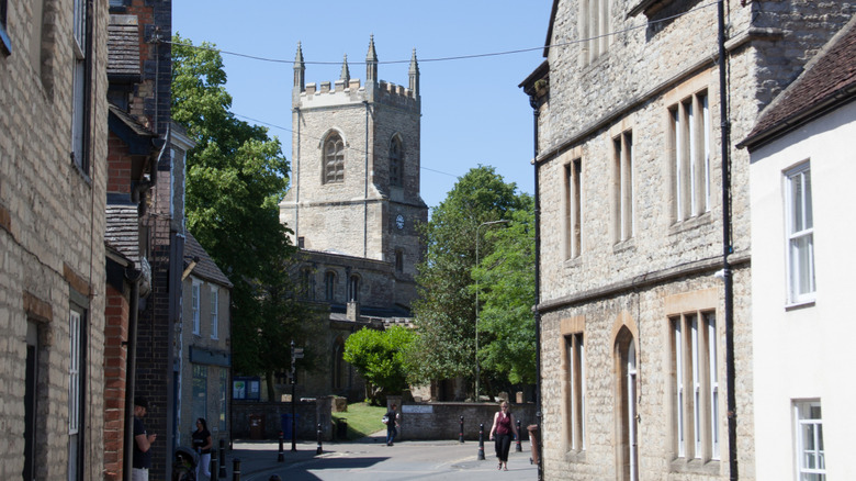 Views along Church Street in Bicester in the United Kingdom with Bicester, Oxfordshire with St. Edburg's church in the background.