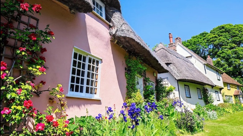 View of the colorful cottages and flowers in Wendens Ambo, England