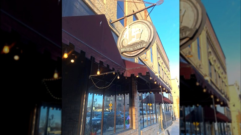 Exterior shot of the Emprize Brew Mill, in downtown Menasha, Wisconsin at sunset.
