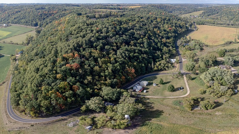 The town of Avalanche seen from above flanked by grassy fields and a large forested land mass.