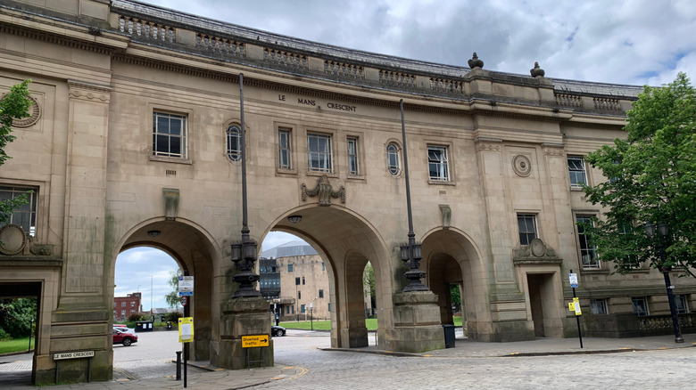 Three arches in Le Mans Crescent, a Neoclassical, sandstone landmark in Bolton