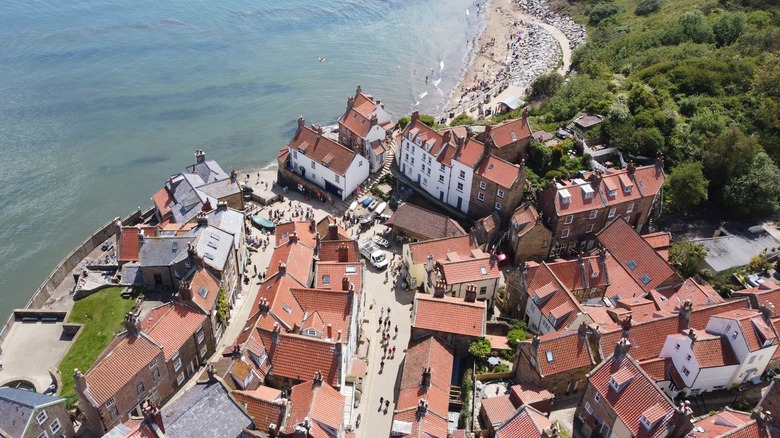 An aerial view of Robin Hood's Bay village by the coast