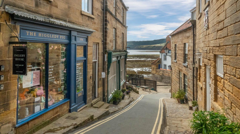 A shopping street leading down to the bay