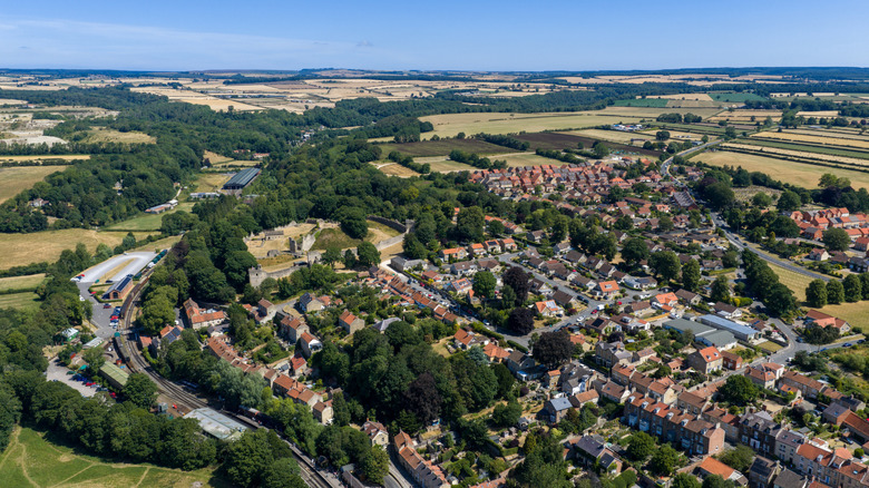 Red top houses and castle silhouette emerging from valley with trees