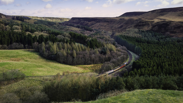 Railway crossing the North York Moors among forest and valley
