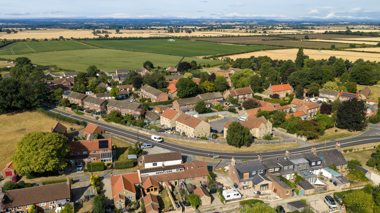Aerial view of Thirsk surrounded by the countryside in England