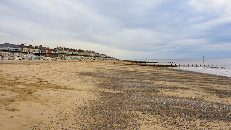 The wide stretch of Withernsea Beach with sand, pebbles, timber sea defenses, calm water, and colorful beachfront houses