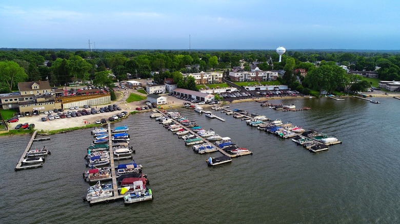 colorful boats in marina on Bangs Lake in Wauconda, Illinois