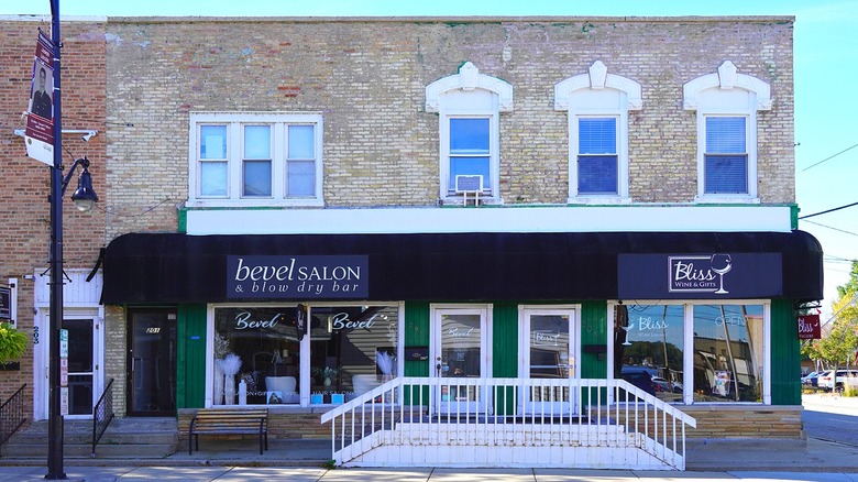 charming storefronts in an old building in Wauconda, Illinois
