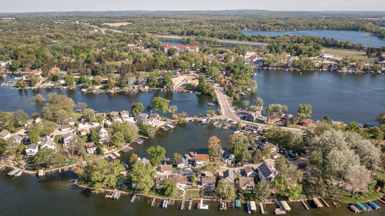 Aerial view of houses on the inlets of Okauchee Lake in Wisconsin