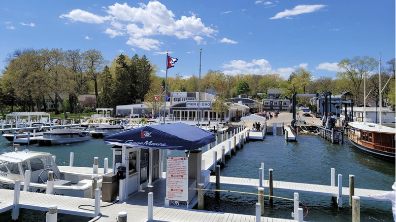Dock systems and boats in front of Pier 290 in Williams Bay, Wisconsin.