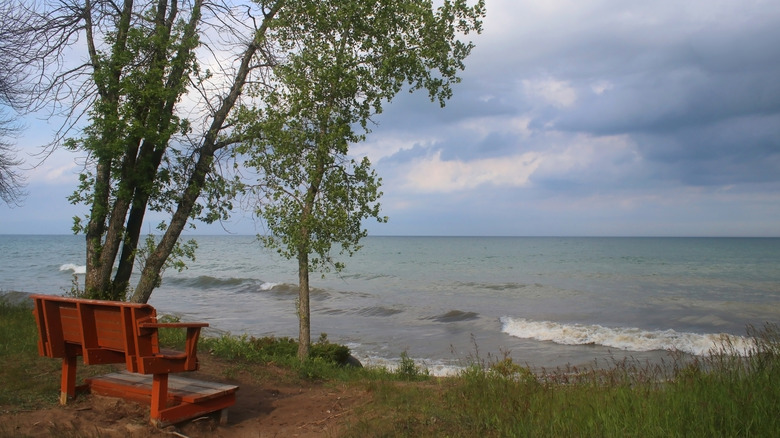 Bench and view of Lake Michigan at Harrington Beach State Park