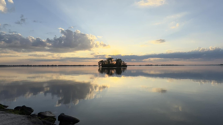 Daybreak over an island in Beaver Dam Lake in Wisconsin