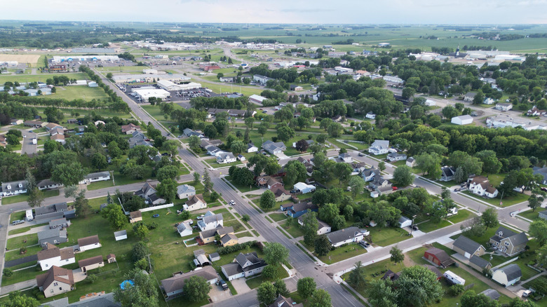 An aerial photo showing the residential blocks of Sauk Centre, lined with trees and stretching to the surrounding countryside