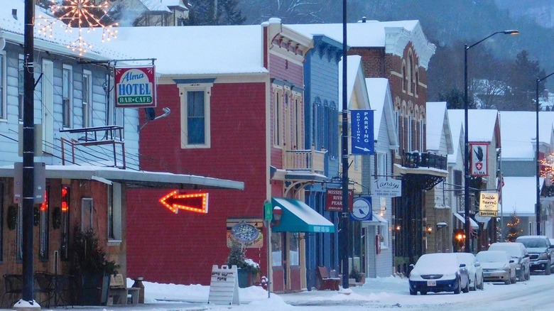 Shops in Alma covered in snow