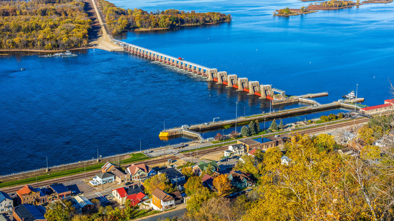 An aerial photo from Buena Vista Park overlooking a section of Alma and locks on the Mississippi