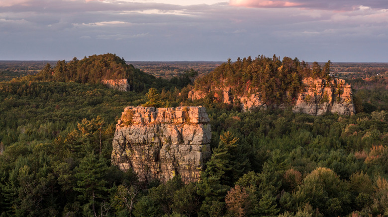 Rock formations rising from the trees at sunset in Mill Bluff State Park