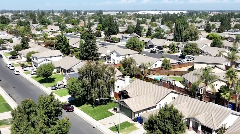 Aerial view of homes and a street in Salida, California.