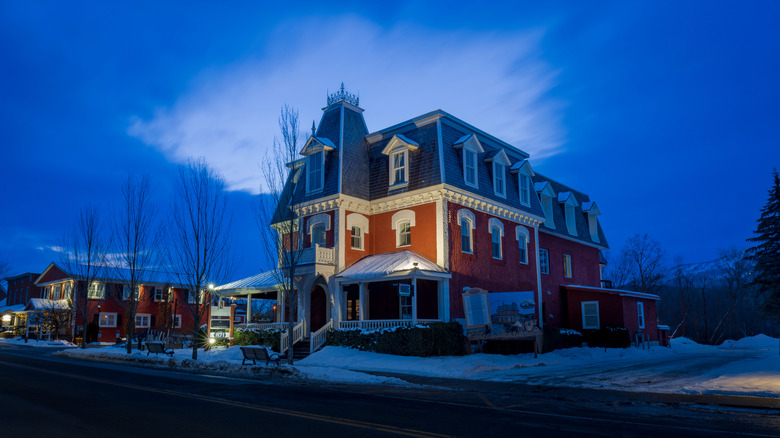 Bromont's main street lit up at night