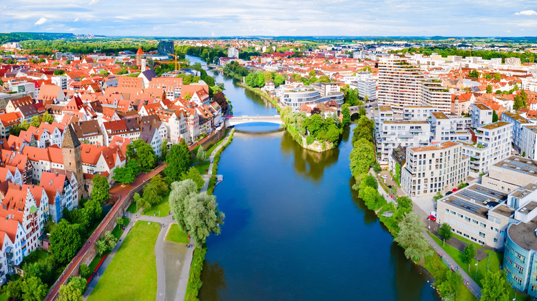 An aerial view of the Danube River separating Ulm and Neu-Ulm in Germany.