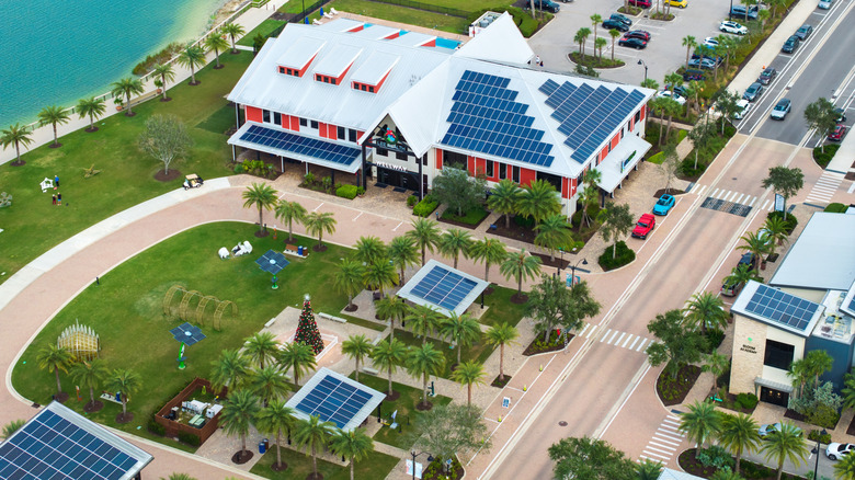 Solar rooftops on buildings including the fitness center, WellWay, at Babcock Ranch, Florida