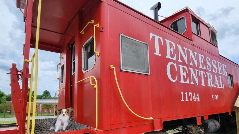 Red Tennessee Central train car with dog sitting on it Monterey Tennessee