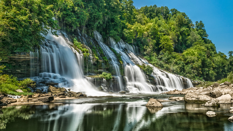 An upstream view of Twin Falls waterfall located in Rock Island State Park