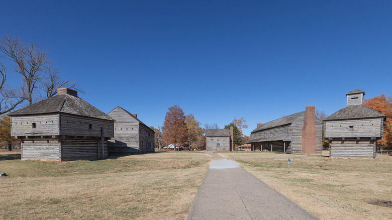 Wood buildings at the replica 1802 fort at Fort Massac State Park