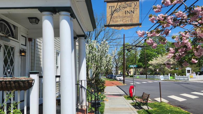 The flower-lined Main Street in Oldwick, Tewksbury Township, New Jersey