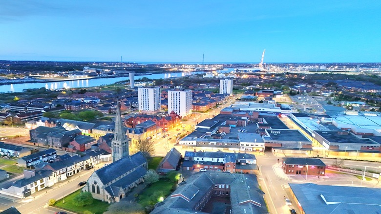 An aerial view of Jarrow, England in the evening