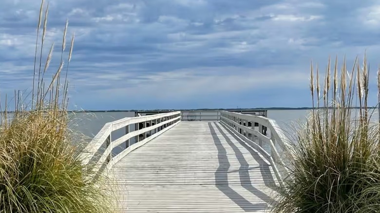 View of a dock overlooking the Currituck Sound in Grandy, North Carolina