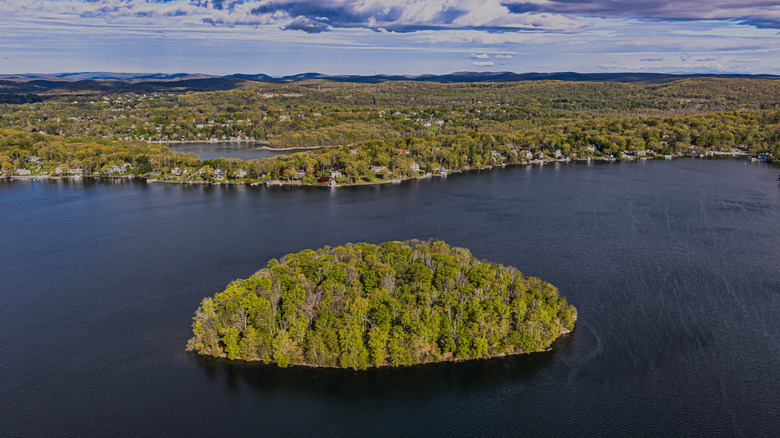 Aerial view of Petra Island on Lake Mahopac, New York