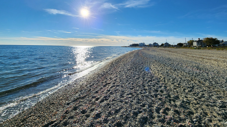 A view of the beach from the Stratford Seawall along Long Island Sound in Stratford, Connecticut