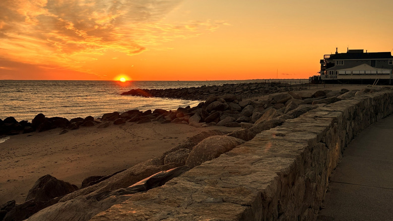 A view of the sunset from the Stratford Seawall along Long Island Sound in Stratford, Connecticut