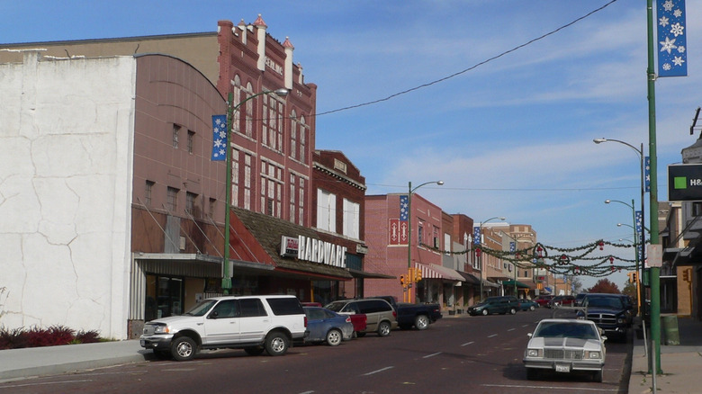View down Stone Street downtown strip in Falls City, Nebraska