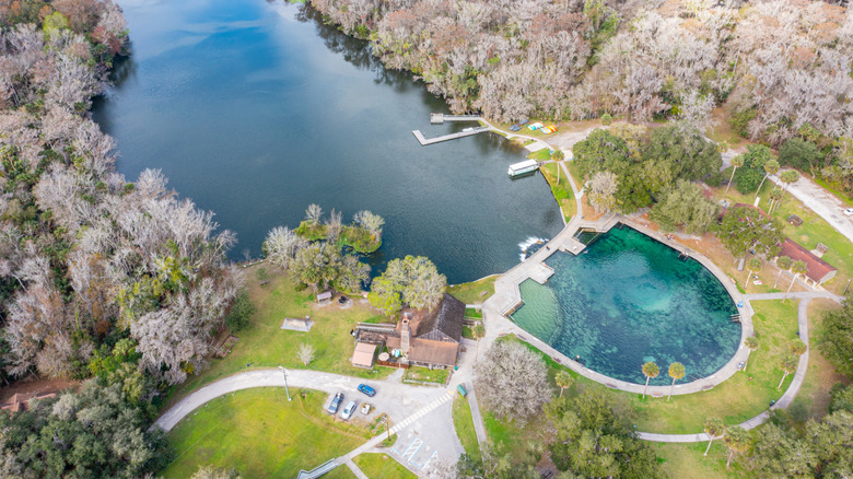 Aerial of De Leon springs showing the spring, dock, and connecting river.
