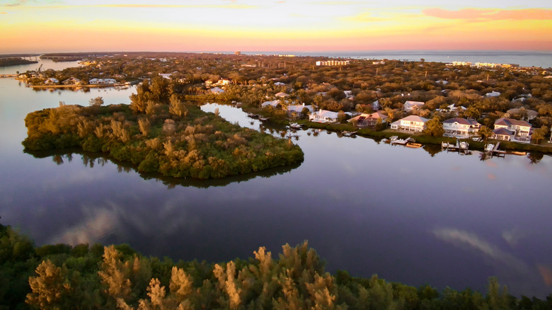 Luxury homes line Florida's Indian River near Vero Beach, FL
