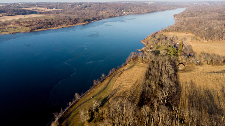 An aerial view of Lake Galen in Peace Valley Park in Pennsylvania