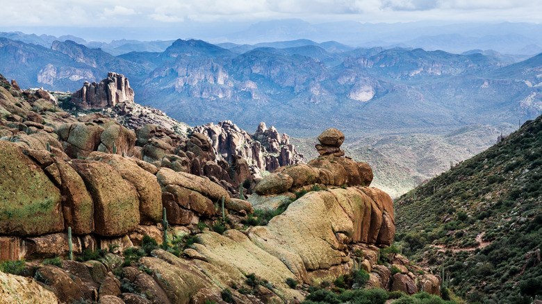 View of rock formations and hoodoo Superstition Mountains Peralta Trail