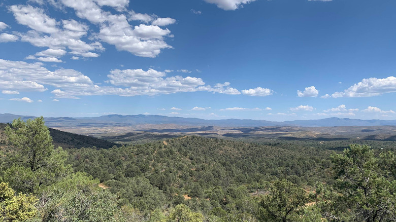 An expansive view of mountains, plains, and forest from atop Weaver Peak in Arizona
