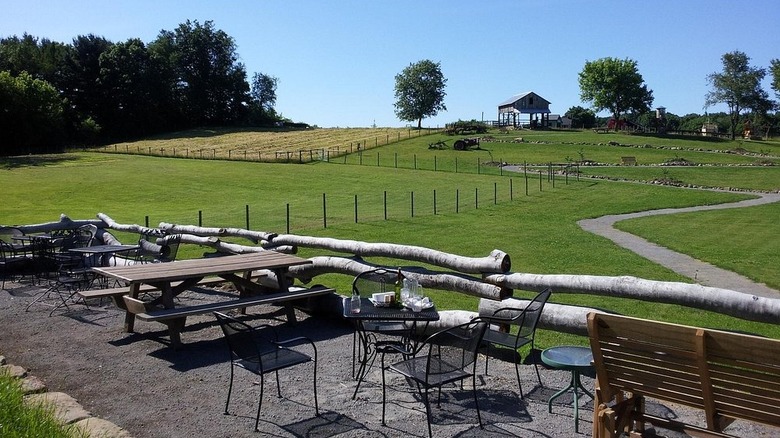 Black metal tables and wooden picnic tables surrounded by a log fence in the foreground, with green fields and a house  on stilts in the background, under a blue sky